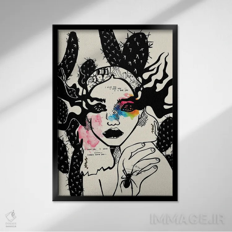 تابلو مینیمال دختر با کاکتوس اثر دای کریس آرت - نمای قابدار مشکی