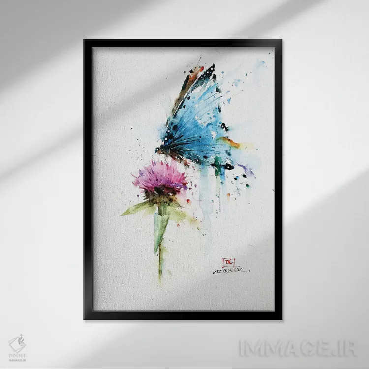 تابلو دکوراتیو پروانه و خارمریم اثر باور کراوزر - نمای قابدار مشکی