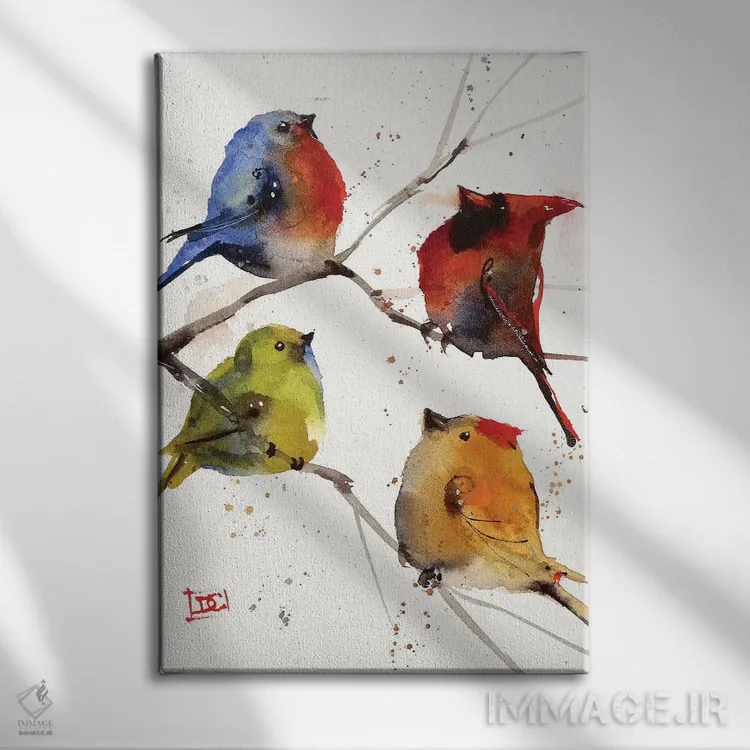 تابلو دکوراتیو چهار مرغ آوازخوان اثر باور کراوزر - نمای روبهرو روی دیوار