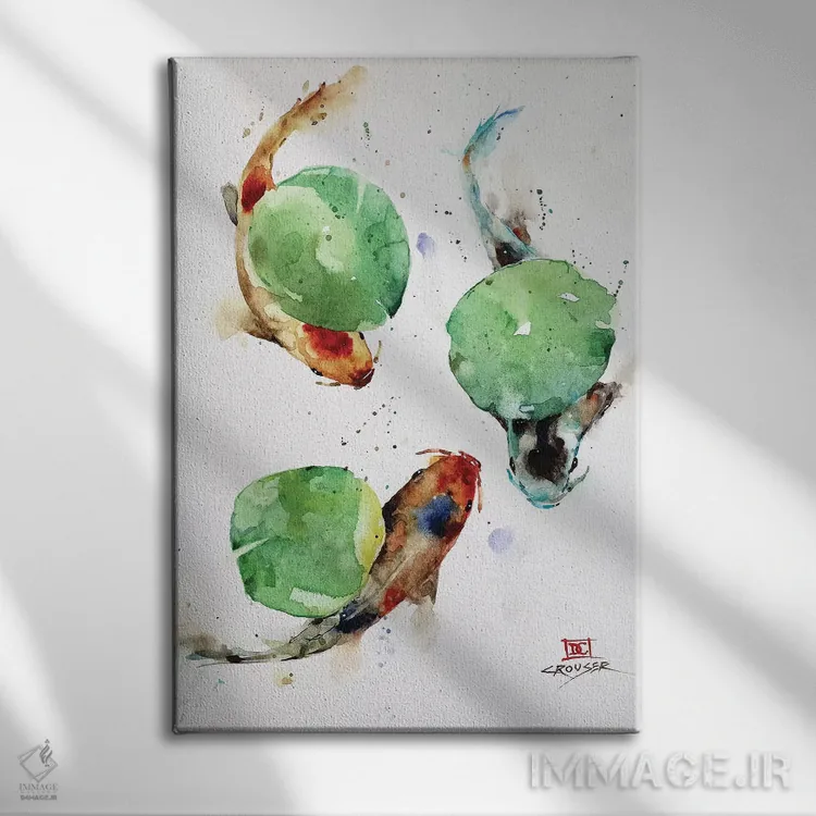 تابلو دکوراتیو ماهی کوی و برگ های نیلوفر آبی اثر باور کراوزر - نمای روبهرو روی دیوار