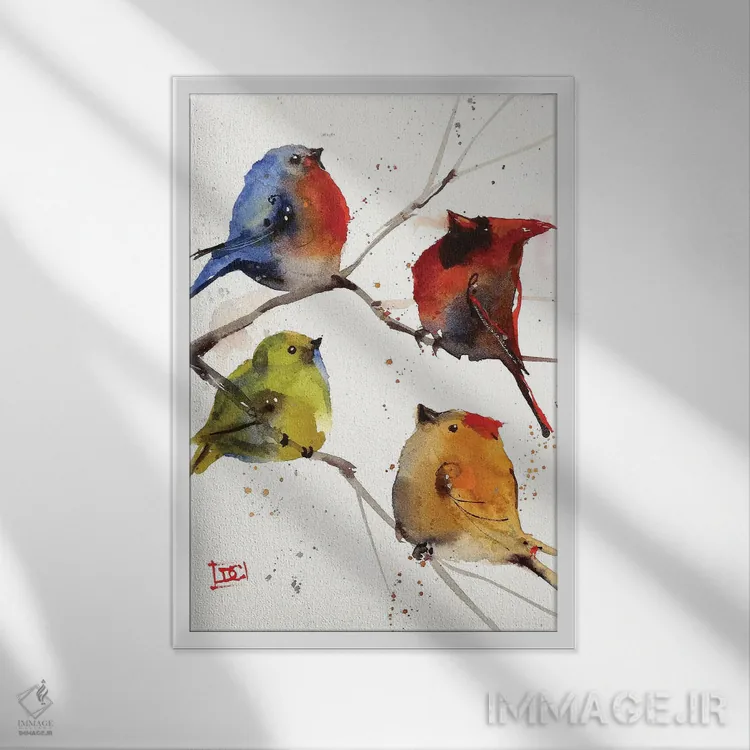 تابلو دکوراتیو چهار مرغ آوازخوان اثر باور کراوزر - نمای قابدار سفید