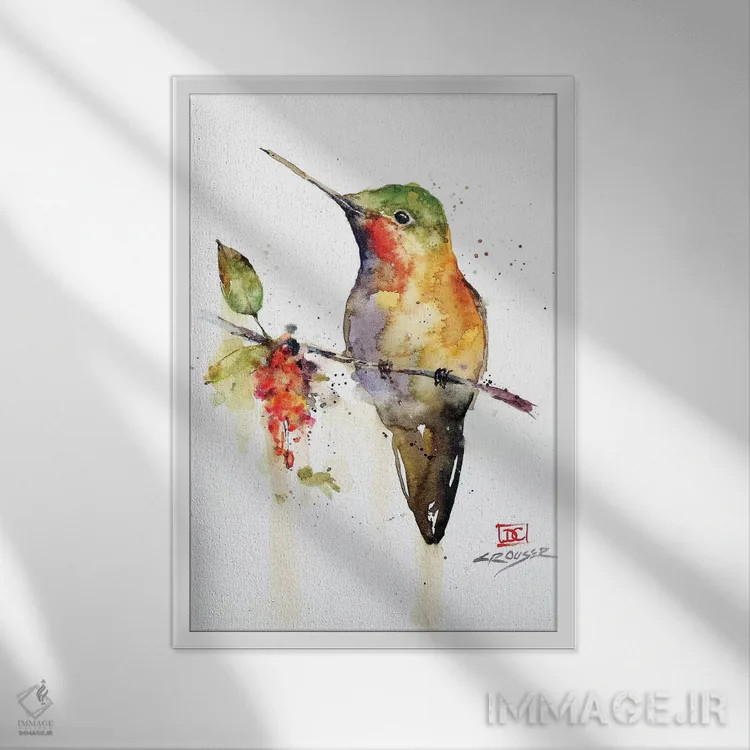تابلو دکوراتیو مرغ مگس خوار بر شاخه اثر باور کراوزر - نمای قابدار سفید