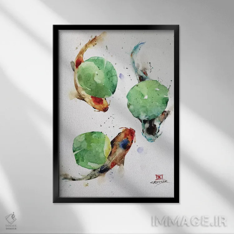 تابلو دکوراتیو ماهی کوی و برگ های نیلوفر آبی اثر باور کراوزر - نمای قابدار مشکی