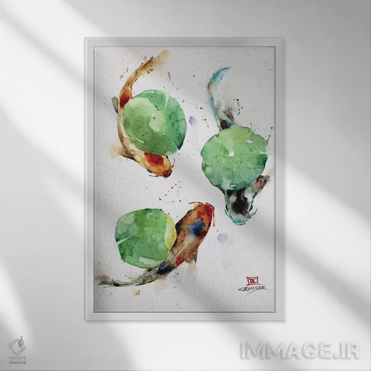 تابلو دکوراتیو ماهی کوی و برگ های نیلوفر آبی اثر باور کراوزر - نمای قابدار سفید