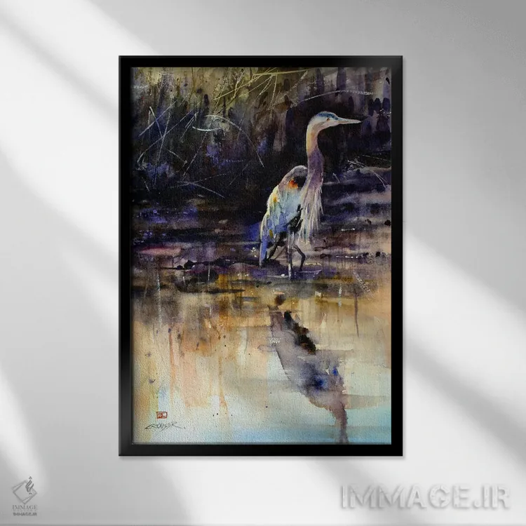 تابلو دکوراتیو حواصیل اثر باور کراوزر - نمای قابدار مشکی