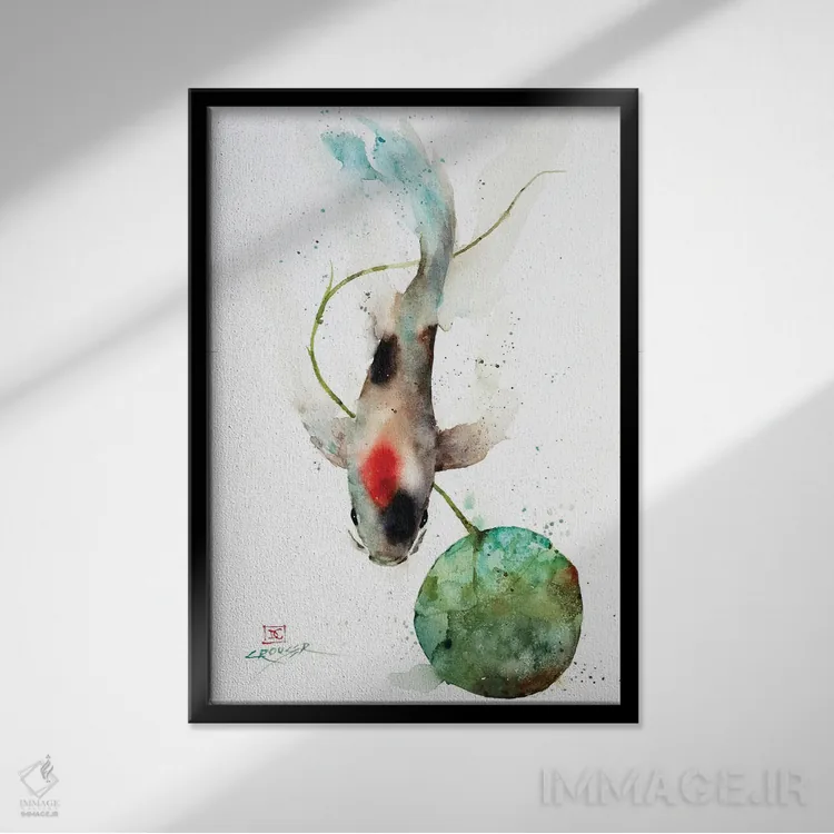 تابلو دکوراتیو کوی و برگ نیلوفر آبی اثر باور کراوزر - نمای قابدار مشکی