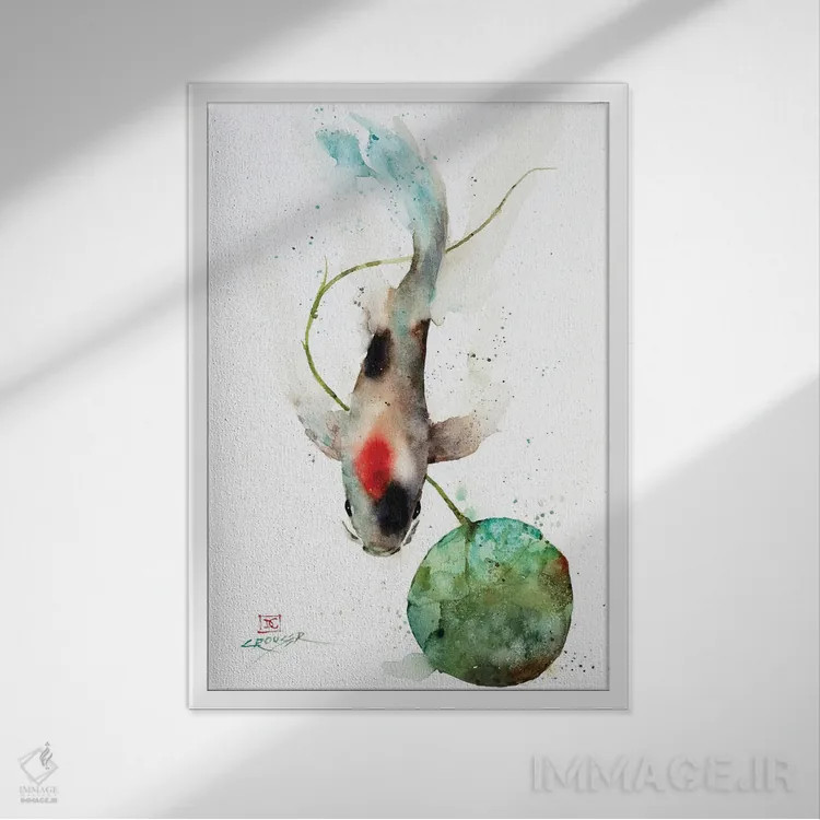 تابلو دکوراتیو کوی و برگ نیلوفر آبی اثر باور کراوزر - نمای قابدار سفید