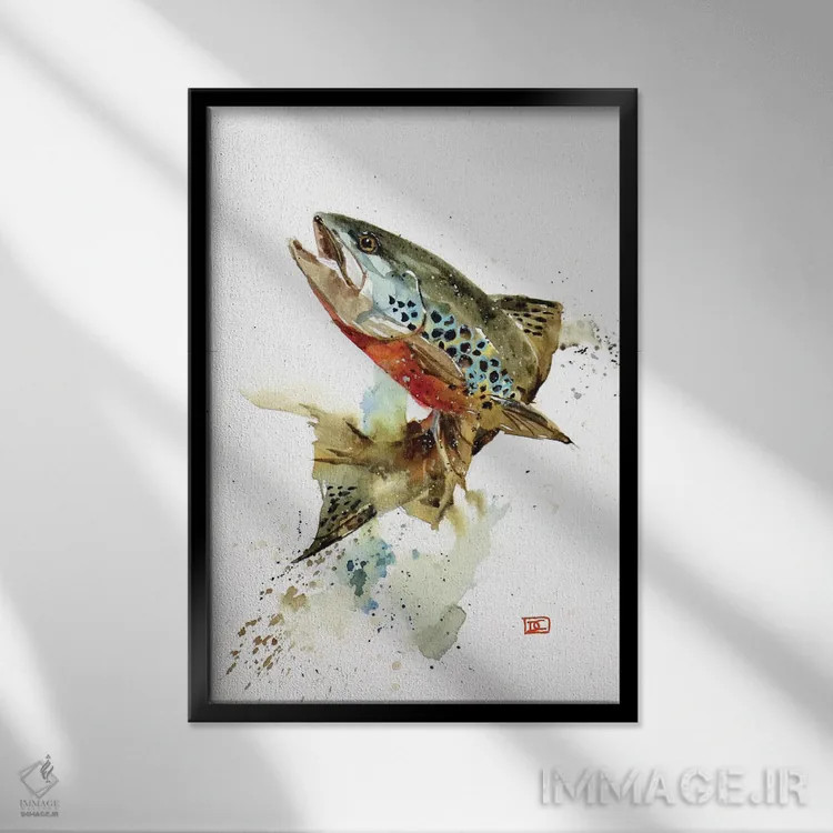 تابلو دکوراتیو پرش قزل آلای قهوه ای اثر باور کراوزر - نمای قابدار مشکی