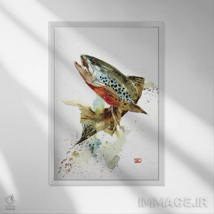 تابلو دکوراتیو پرش قزل آلای قهوه ای اثر باور کراوزر - نمای قابدار سفید