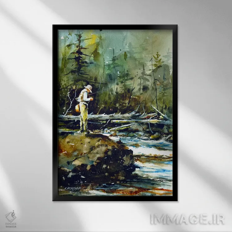 تابلو دکوراتیو ماهیگیری در حیات وحش II اثر باور کراوزر - نمای قابدار مشکی