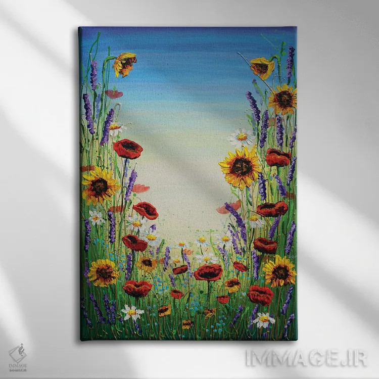 تابلو دکوراتیو سمفونی گل های وحشی اثر آماندا داگ - نمای روبهرو روی دیوار