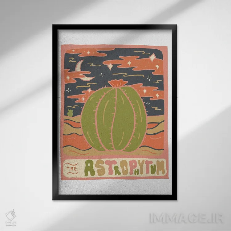 تابلو مدرن کارت تاروت کاکتوس، گونه استروفیتوم اثر دودل بای مگ - نمای قابدار مشکی