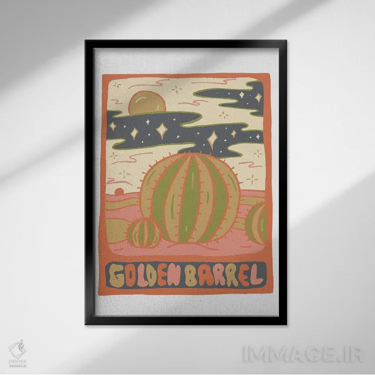 تابلو مدرن کارت تاروت کاکتوس، گونه بشکه طلایی اثر دودل بای مگ - نمای قابدار مشکی