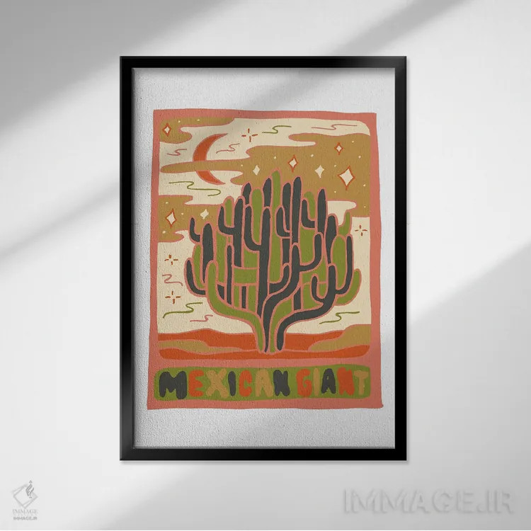 تابلو مدرن کارت تاروت کاکتوس، گونه غول مکزیکی اثر دودل بای مگ - نمای قابدار مشکی