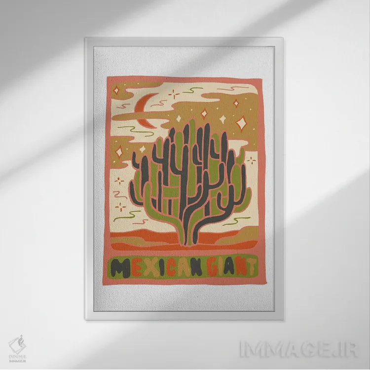 تابلو مدرن کارت تاروت کاکتوس، گونه غول مکزیکی اثر دودل بای مگ - نمای قابدار سفید