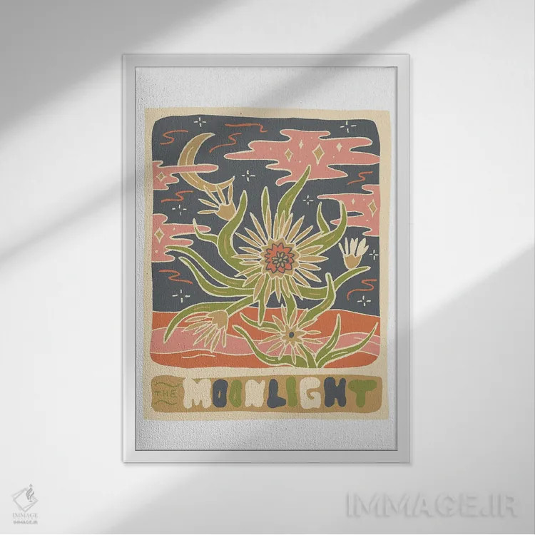 تابلو مدرن کارت تاروت کاکتوس، نور مهتاب اثر دودل بای مگ - نمای قابدار سفید