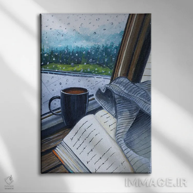 تابلو دکوراتیو کتاب، قهوه، باران اثر دباسری دی - نمای روبهرو روی دیوار