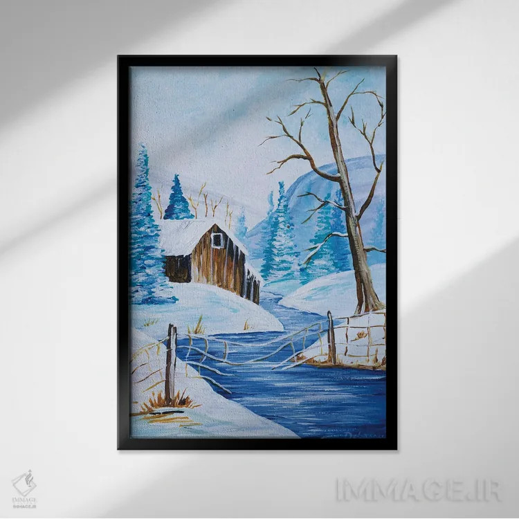 تابلو دکوراتیو کلبه کنار رودخانه اثر دباسری دی - نمای قابدار مشکی