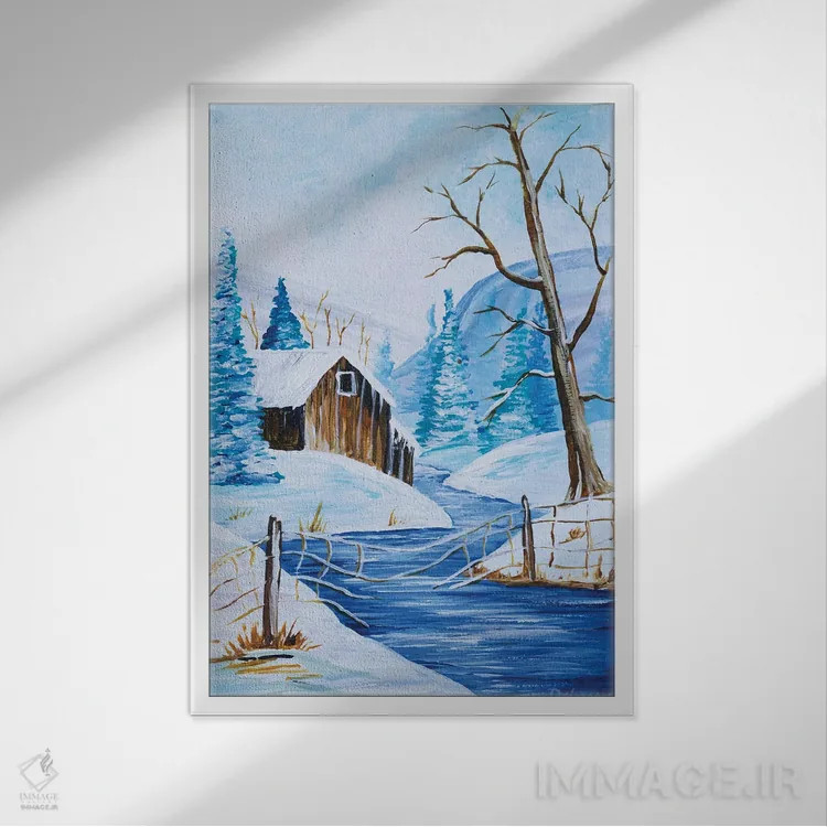 تابلو دکوراتیو کلبه کنار رودخانه اثر دباسری دی - نمای قابدار سفید