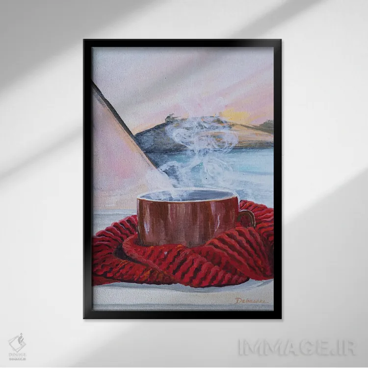 تابلو دکوراتیو قهوه و پتو اثر دباسری دی - نمای قابدار مشکی