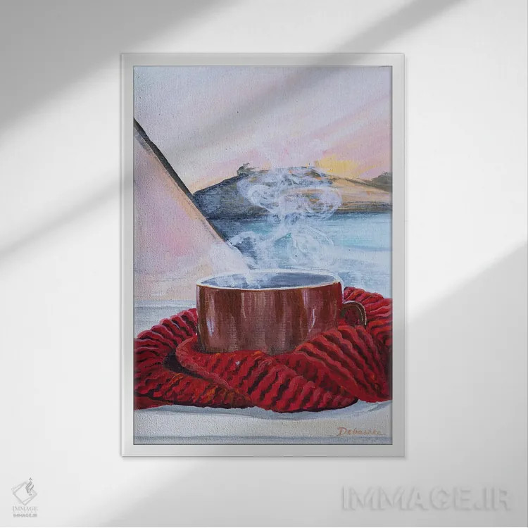 تابلو دکوراتیو قهوه و پتو اثر دباسری دی - نمای قابدار سفید