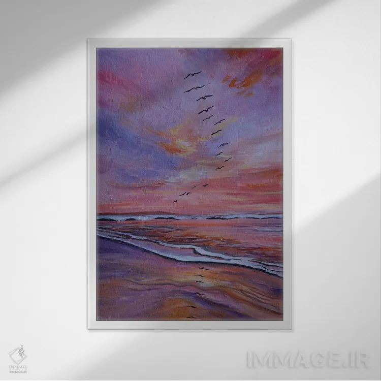 تابلو دکوراتیو غروب رنگارنگ اثر دباسری دی - نمای قابدار سفید