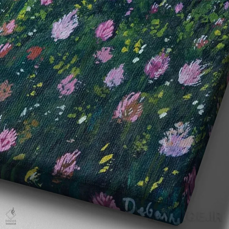 تابلو دکوراتیو گل ها کنار دریاچه اثر دباسری دی - نمای نزدیک بافت بوم