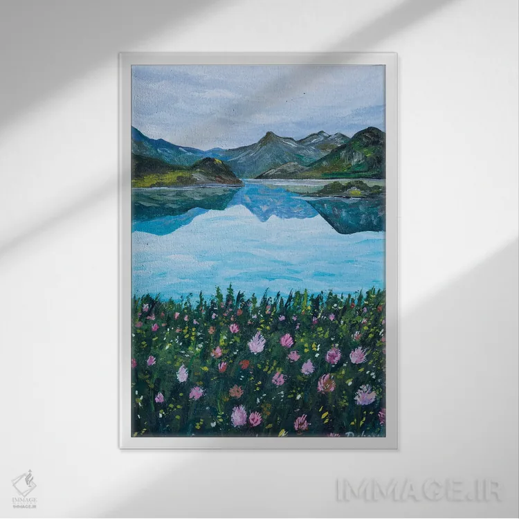 تابلو دکوراتیو گل ها کنار دریاچه اثر دباسری دی - نمای قابدار سفید