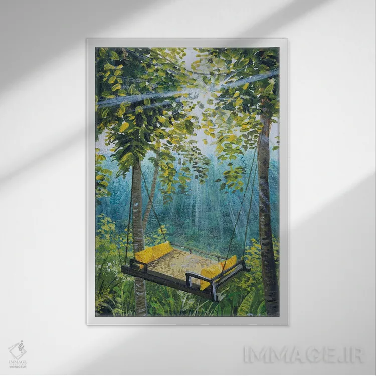 تابلو دکوراتیو تخت آویزان در بالی اثر دباسری دی - نمای قابدار سفید