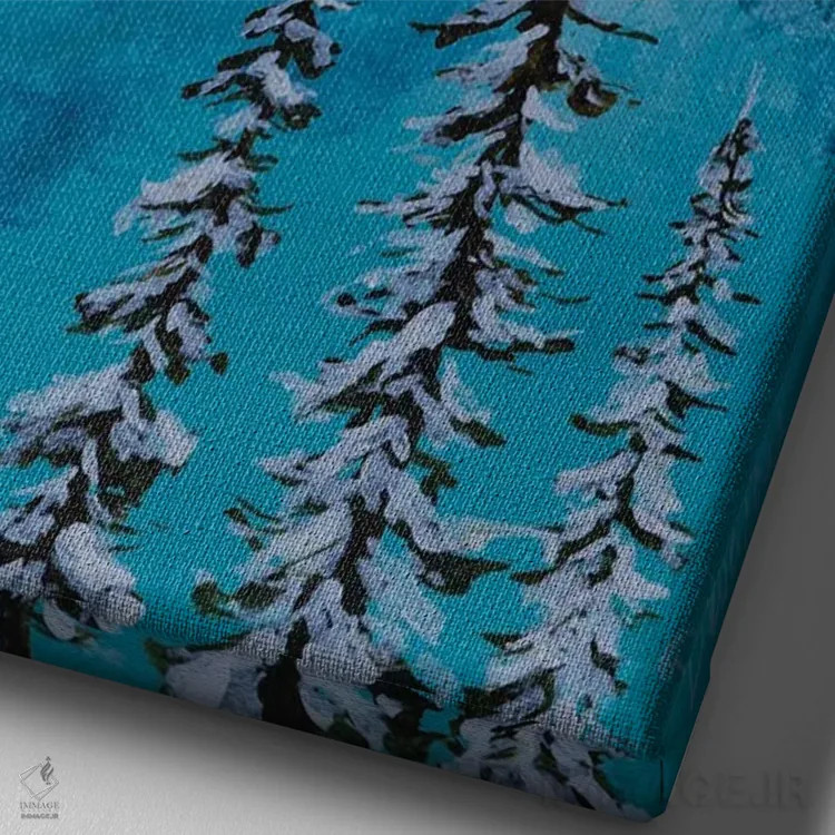 تابلو دکوراتیو درختان کاج پوشیده از برف اثر دباسری دی - نمای نزدیک بافت بوم