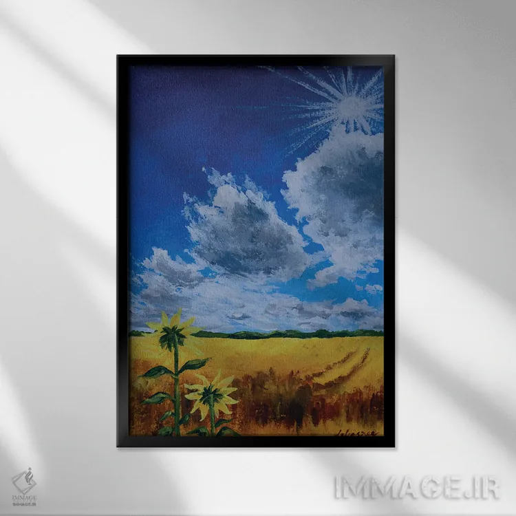 تابلو دکوراتیو آفتابگردان درخشان اثر دباسری دی - نمای قابدار مشکی