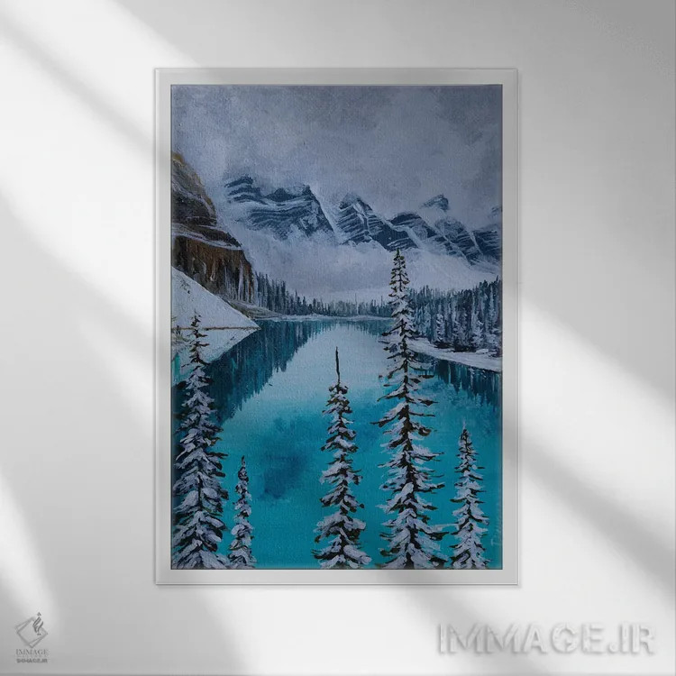 تابلو دکوراتیو درختان کاج پوشیده از برف اثر دباسری دی - نمای قابدار سفید