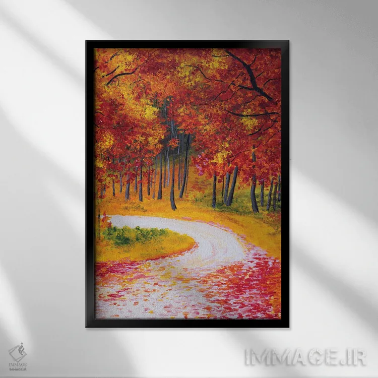 تابلو دکوراتیو جاده جنگل پاییزی اثر دباسری دی - نمای قابدار مشکی