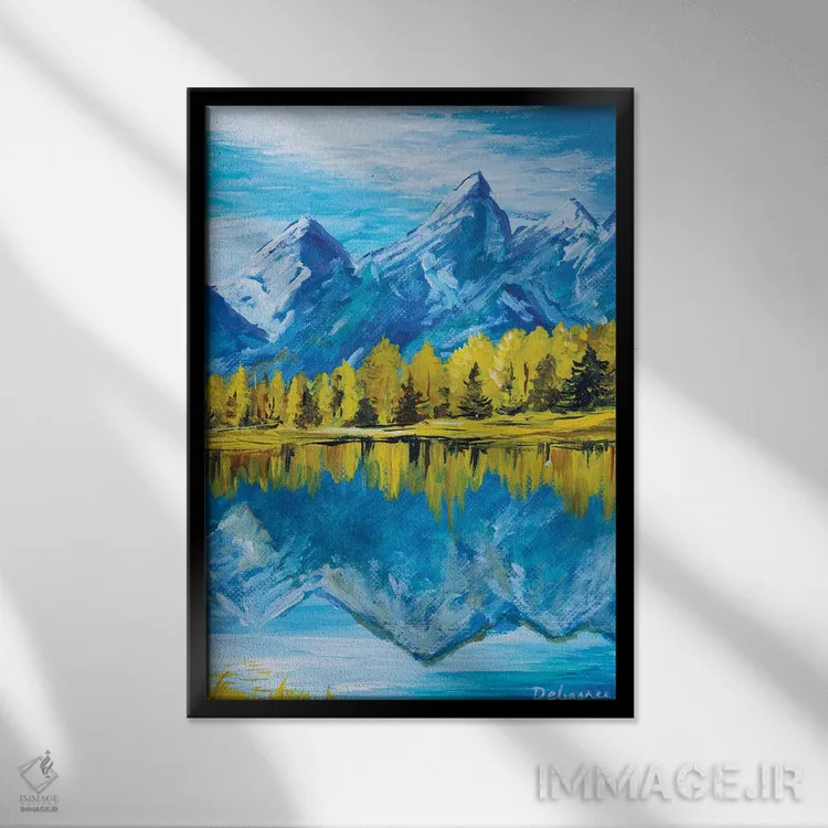 تابلو دکوراتیو درختان پاییزی و کوه ها اثر دباسری دی - نمای قابدار مشکی