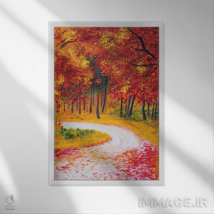 تابلو دکوراتیو جاده جنگل پاییزی اثر دباسری دی - نمای قابدار سفید