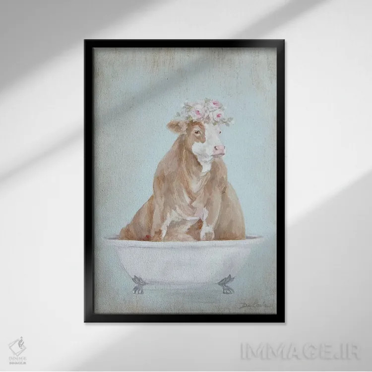 تابلو مدرن گاو در وان اثر دبی کولز - نمای قابدار مشکی