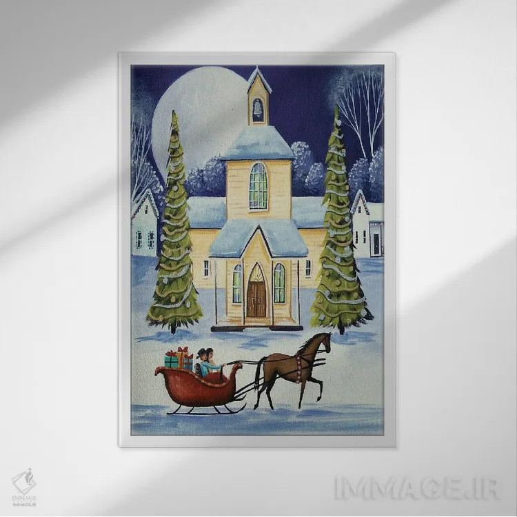 تابلو دکوراتیو سورتمه سواری شب کریسمس اثر دبی کریسول - نمای قابدار سفید
