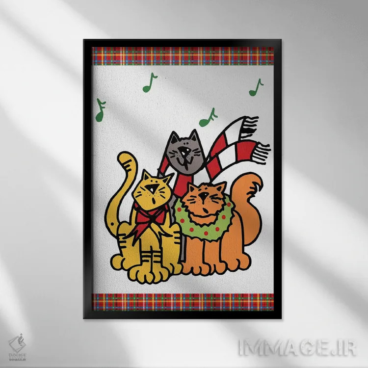 تابلو دکوراتیو گربه کریسمس با زنگوله روی چهارخانه اثر دیدر موشر - نمای قابدار مشکی