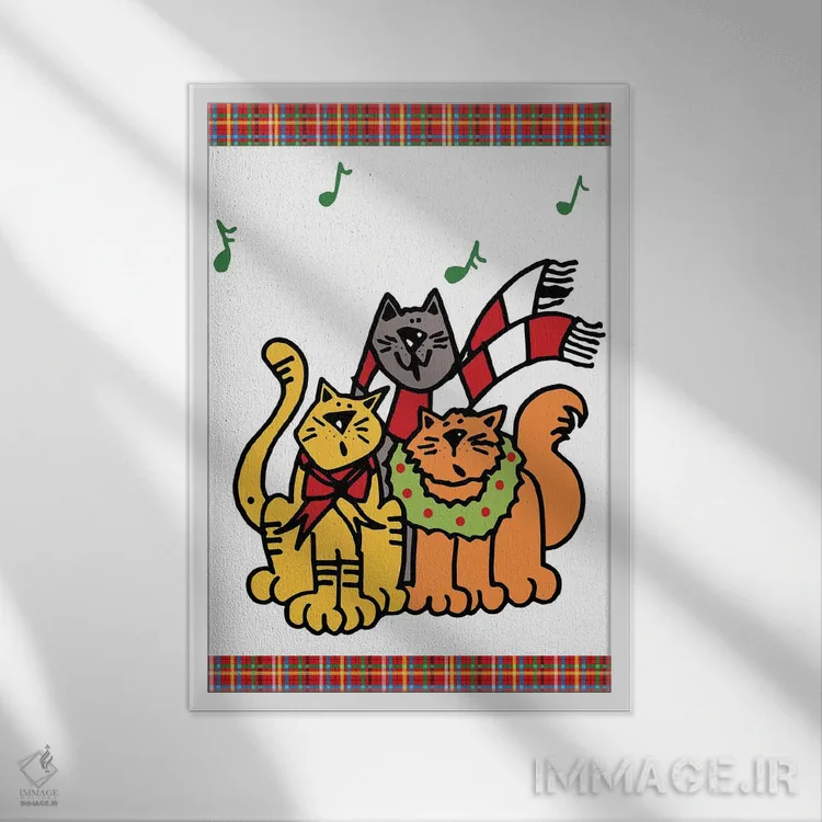 تابلو دکوراتیو گربه کریسمس با زنگوله روی چهارخانه اثر دیدر موشر - نمای قابدار سفید