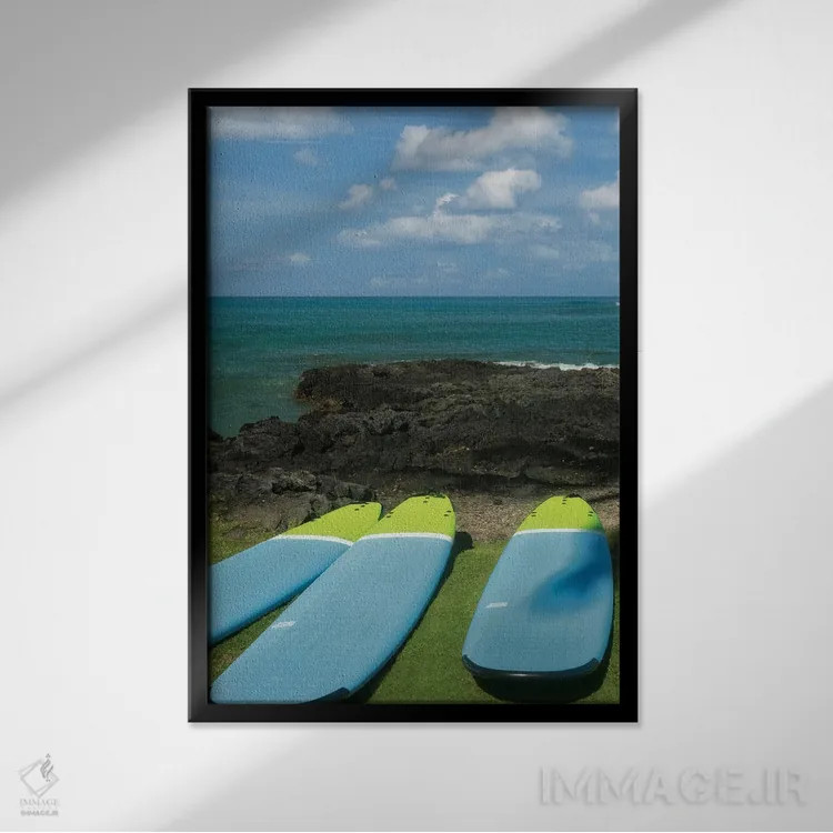 تابلو دکوراتیو تخته های موج سواری و اقیانوس II اثر دنیس فراتس - نمای قابدار مشکی