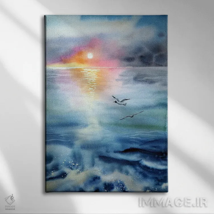 تابلو انتزاعی دریای صبحگاهی اثر دلنارا ال - نمای روبهرو روی دیوار