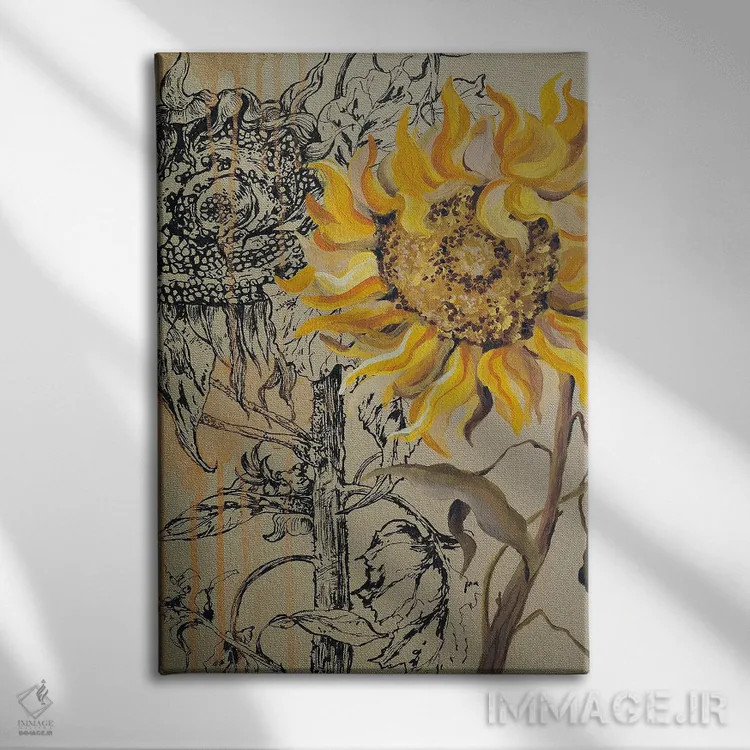تابلو دکوراتیو گل های آفتابگردان روی طلا اثر دلنارا ال - نمای روبهرو روی دیوار