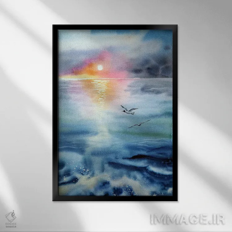 تابلو انتزاعی دریای صبحگاهی اثر دلنارا ال - نمای قابدار مشکی