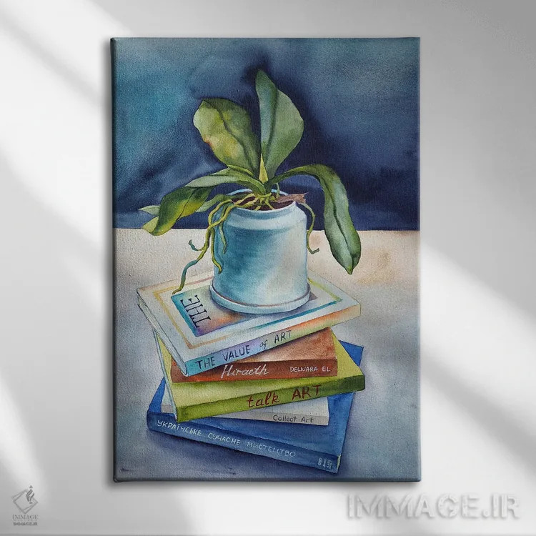 تابلو دکوراتیو طبیعت بی جان با کتاب ها اثر دلنارا ال - نمای روبهرو روی دیوار
