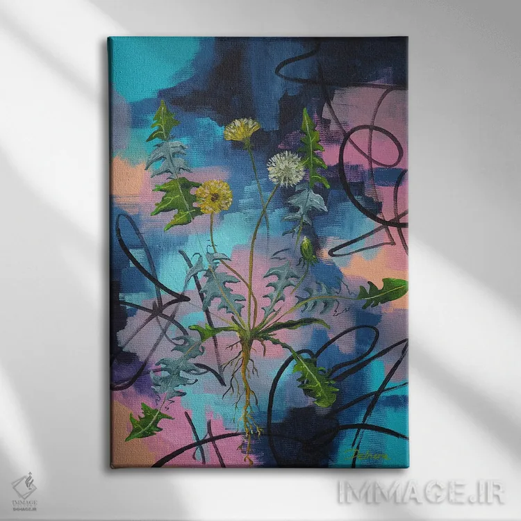 تابلو انتزاعی قاصدک بر زمینه احساسی اثر دلنارا ال - نمای روبهرو روی دیوار