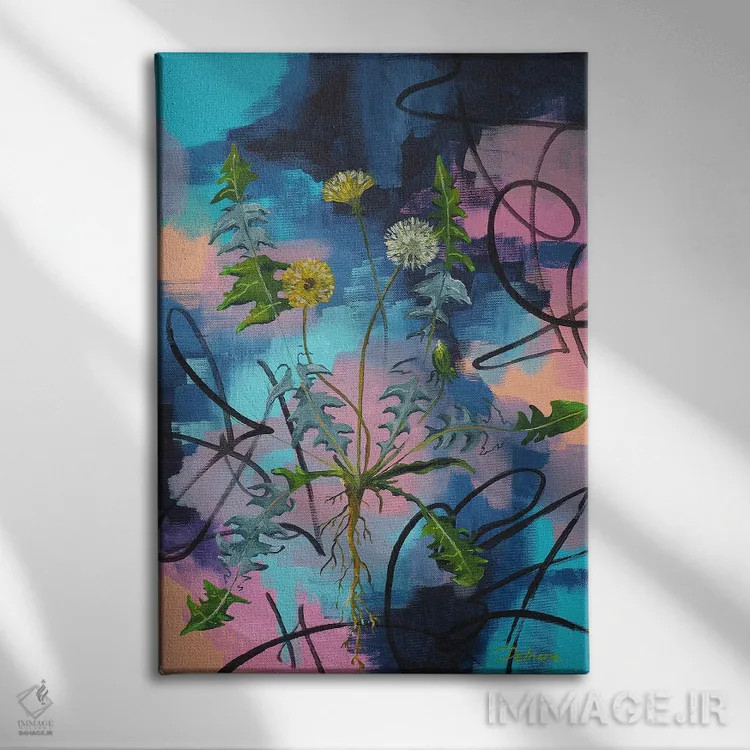 تابلو انتزاعی قاصدک بر زمینه احساسی اثر دلنارا ال - نمای روبهرو روی دیوار