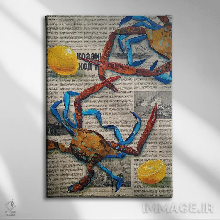 تابلو دکوراتیو خرچنگ ها روی روزنامه اثر دلنارا ال - نمای روبهرو روی دیوار