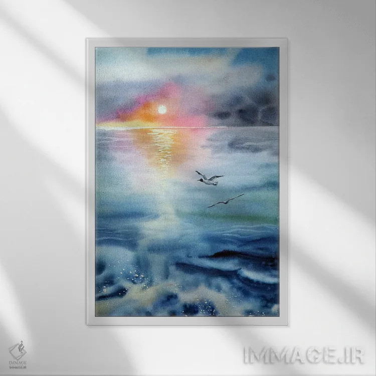تابلو انتزاعی دریای صبحگاهی اثر دلنارا ال - نمای قابدار سفید