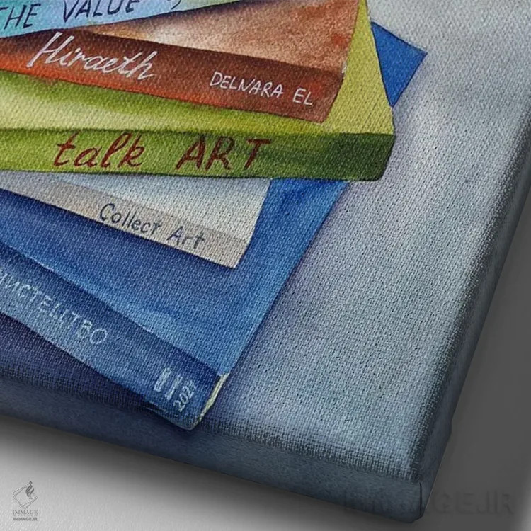 تابلو دکوراتیو طبیعت بی جان با کتاب ها اثر دلنارا ال - نمای نزدیک بافت بوم