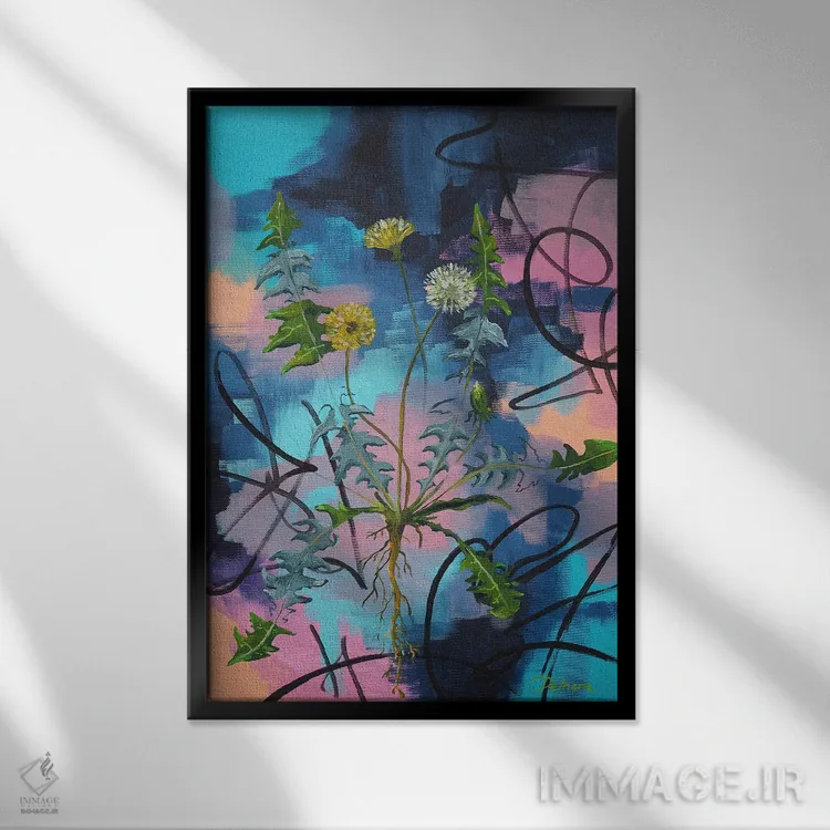 تابلو انتزاعی قاصدک بر زمینه احساسی اثر دلنارا ال - نمای قابدار مشکی